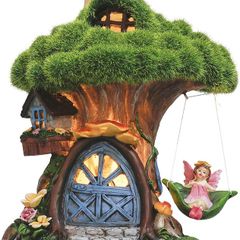 Flocked Fairy House Solar Garden Ornaments Outdoor, Cottage Fairy Garden Statues and Figurines for Garden Gifts, 7.7inch/19.5cm