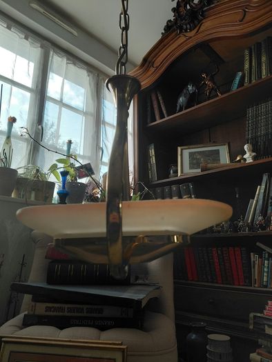 Antique French brass ceiling light with glass shade