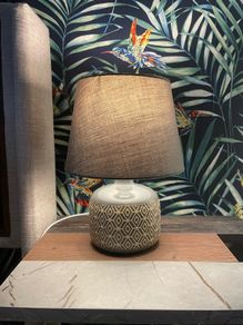 Grey Erin Printed Bedside Table Lamp with Shade & Bulb