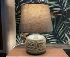 Grey Erin Printed Bedside Table Lamp with Shade & Bulb