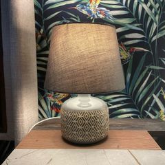 Grey Erin Printed Bedside Table Lamp with Shade & Bulb