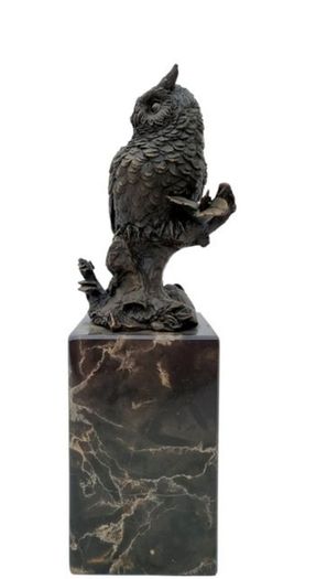 Bronze Owl Sculpture - Bronze, Marble, Signed