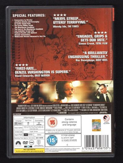 The Manchurian Candidate DVD Movie Staring Denzel Washington, Meryl Streep & Lieve Schreiber