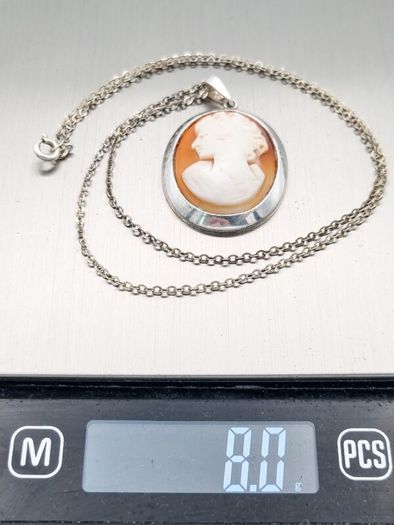 Lady Cameo Carved Shell Sterling Silver Necklace
