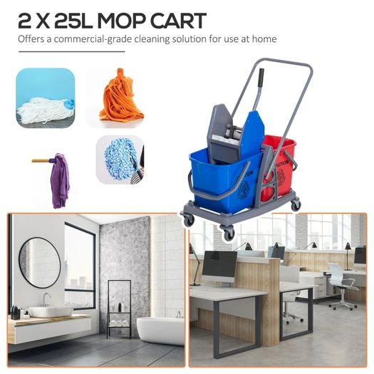 Washing Cart Professional Cleaning Cart Jaw Press 2 Buckets 25 L 73L x 45W x 92H cm Plastic Gray Blue Red
