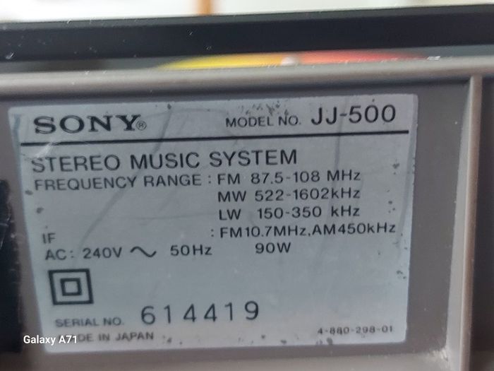 SONY Stereo Music System, Model No. JJ-500, Radio, Tape and Phono (Record), and Auxillary, with 2 Sony Speakers, all functions working, in excellent condition