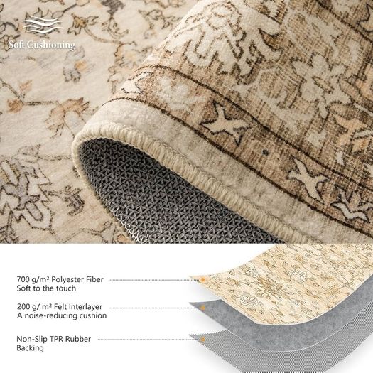 Large Rugs for Living Room 200x290, Faux Wool Short Pile Non-Slip Beige Area Rug, Machine Washable Traditional Moroccan for Bedroom