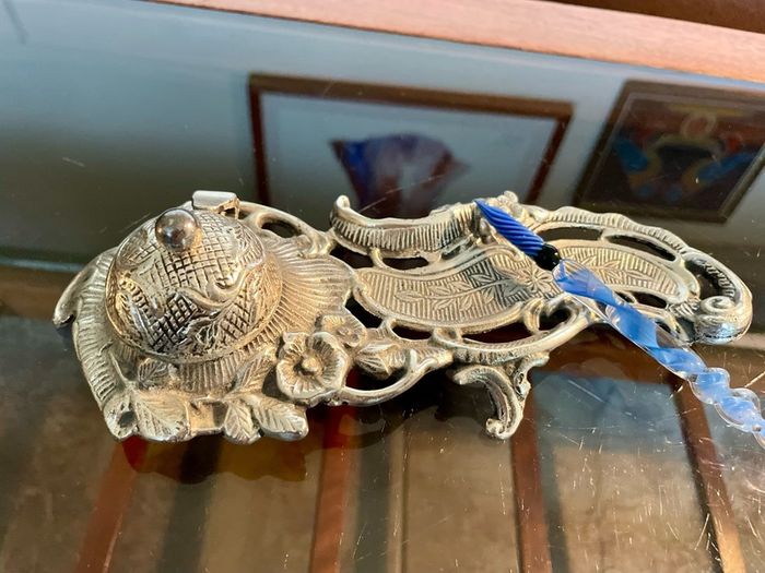 Vintage Art Nouveau Style Inkwell with Pen Tray Ink Pot Insert and Glass Dip Pen