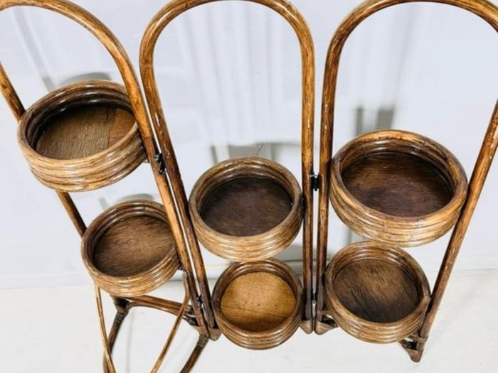 Vintage Folding Rattan Plant Stand-6 Holders