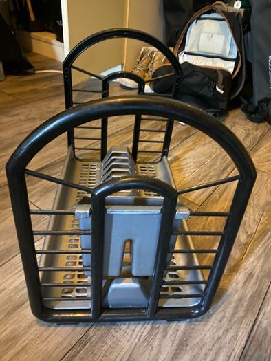 Black and grey plastic kitchen dish drying rack