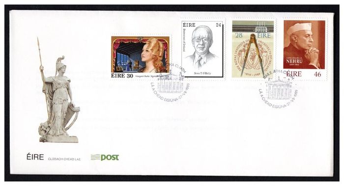 1989 Ireland Anniversaries: Statesmen of Ireland (Sean T O'Kelly); 140th of the Royal Institute of Architects of Ireland; Birth Centenary of Margaret Burke Sheridan (Opera Singer) and Pandit Nehru Commemorative Stamps First Day Cover (FDC)