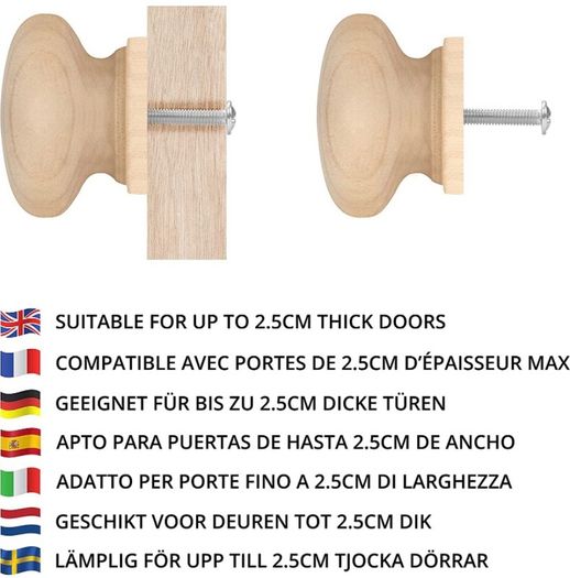 Round Unfinished Wood Knobs with Screws (20 Pack) - 3.4 x 2.5cm / 1.34 x 0.98 Inches - Natural Wooden Birch Door Knob Hardware - Furniture Cabinet, Wardrobe, Cupboard & Drawer Pull Handles (FREE POSTAGE)