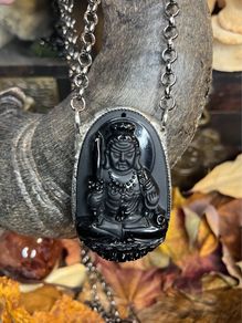 Powerful Spiritual Obsidian Buddha Crystal Soldered Cameo Amulet Belcher Chain Necklace