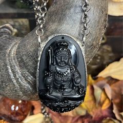 Powerful Spiritual Obsidian Buddha Crystal Soldered Cameo Amulet Belcher Chain Necklace