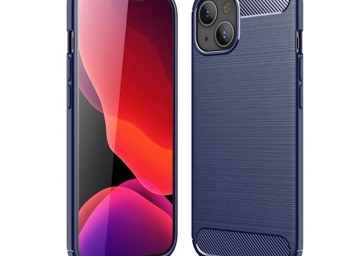 Navy Shockproof Case For Apple iPhone 14 Hybrid Back Cover Carbon Fibre Style