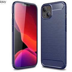 Navy Shockproof Case For Apple iPhone 14 Hybrid Back Cover Carbon Fibre Style
