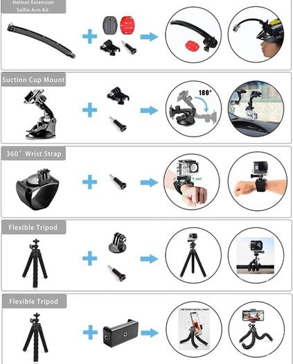 Action Camera Accessories Kit for GoPro Max GoPro Fusion GoPro Hero11 Hero10 Hero9 Hero8 Hero7 6 5 4 DJI OSMO Action Insta360 AKASO Campark Crosstour (FREE POSTAGE)