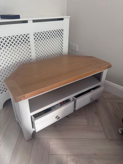Grey TV Unit / Corner Media Cabinet with Solid Wood Top & 2 Drawers