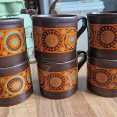 Vintage Kiln Craft Hermes Staffordshire Mugs & Saucers / Side plates