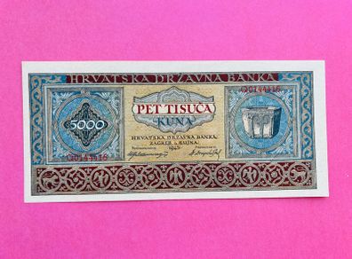 Croatia  5000  Kuna  1943  Pick  13a Scarce  Watermark - Tuning Fork Pattern.  Unc