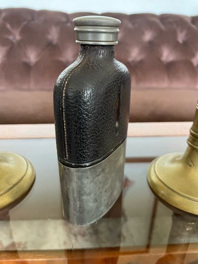 Edwardian Pewter Glass and Leather Gentlemans Hip Flask