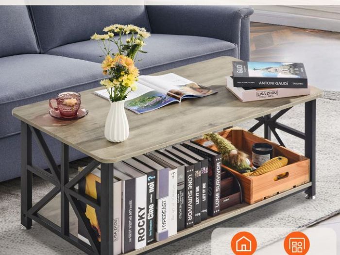 Farmhouse Coffee Table, Rectangle Coffee Table with Open Storage Compartment