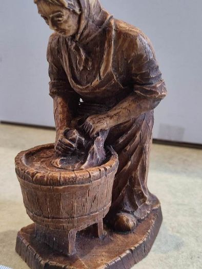 Vintage French Hand Wood Carving Figurine Of A Lady Hand Washing Cloth