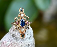 Antique Sapphire, Ruby, Emerald & Pearl Ring circa 1860