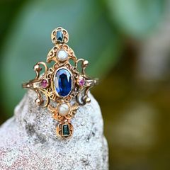 Antique Sapphire, Ruby, Emerald & Pearl Ring circa 1860