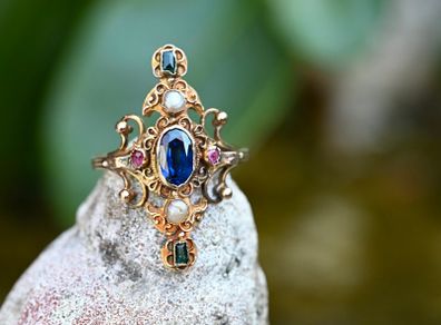 Antique Sapphire, Ruby, Emerald & Pearl Ring circa 1860