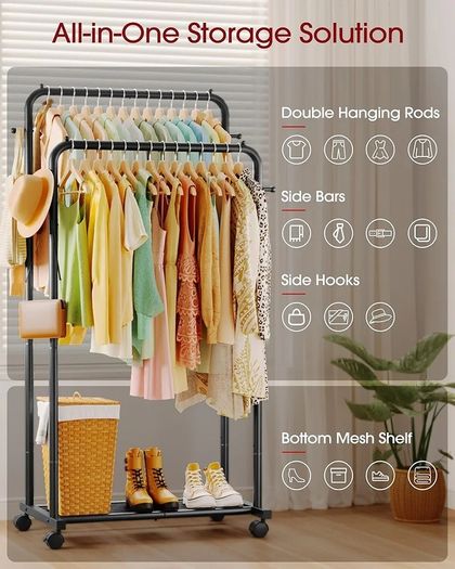 Clothes Rail - Double-Rod Rustproof Clothes Rack with Anti-Slip Stoppers, Shoes Shelf and Hooks, Multifunctional Hanging Rack for Laundry, Entryway, Bedroom, Shop, 73 x 42 x 150 cm, Black