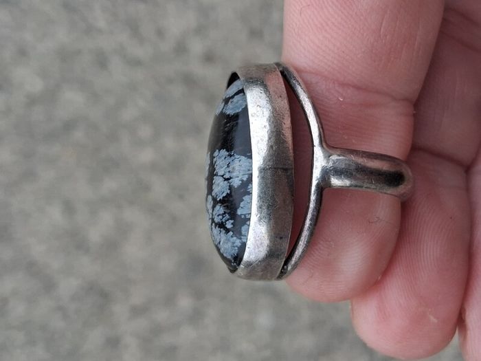 Midcentury Snowflake Obsidian Sterling Silver Ring