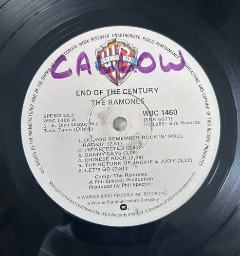 Ramones. End of century South African release. Vinyl nm except for writing on 1 label. Sleeve a bit tatty which is common with South African releases as made with recycled material