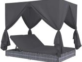 Double Sun Lounger with Curtains, Garden Recliner Furniture in Poly Rattan, Grey