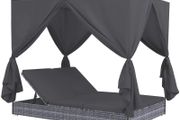 Double Sun Lounger with Curtains, Garden Recliner Furniture in Poly Rattan, Grey