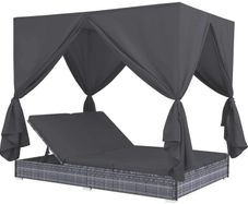 Double Sun Lounger with Curtains, Garden Recliner Furniture in Poly Rattan, Grey