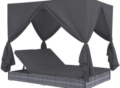 Double Sun Lounger with Curtains, Garden Recliner Furniture in Poly Rattan, Grey