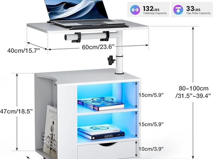 Bedside Table with LED Lights, Nightstand with Height Adjustable, Side Table with Drawer & Open Shelf, Bedside Cabinet Movable with Magazine Rack, for Bedroom, Living room, Office, White