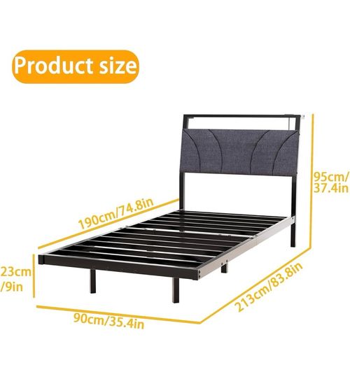 Single with LED Lights,Ergonomic Headboard with USB Charging,Bed Frames Noise-Free Metal Slats,Black
