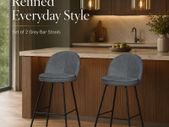 Set of 2 Grey Upholstered Bar Stools with Backrests and Black Steel Legs