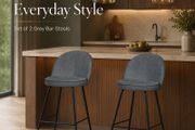 Set of 2 Grey Upholstered Bar Stools with Backrests and Black Steel Legs