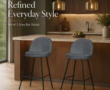 Set of 2 Grey Upholstered Bar Stools with Backrests and Black Steel Legs
