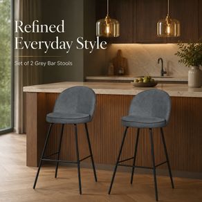 Set of 2 Grey Upholstered Bar Stools with Backrests and Black Steel Legs