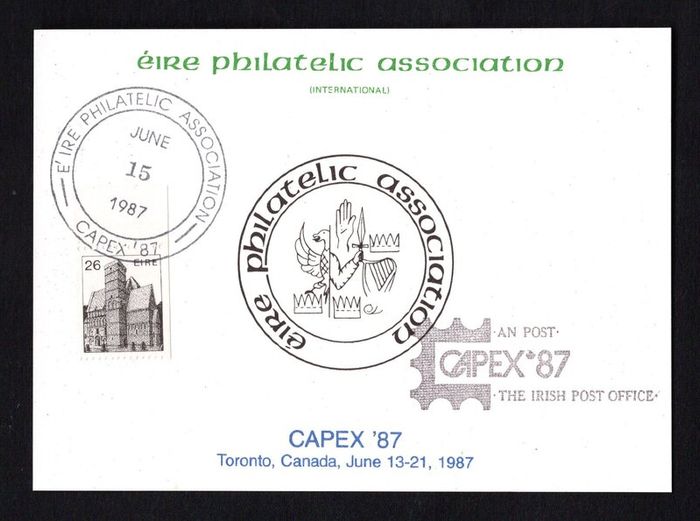 1987 Ireland apex 1987 EPA (Eire Philatelic Association) souvenir card with 26p definitive stamp with EPA cancel and AN Post Cancel