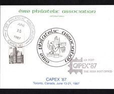 1987 Ireland apex 1987 EPA (Eire Philatelic Association) souvenir card with 26p definitive stamp with EPA cancel and AN Post Cancel