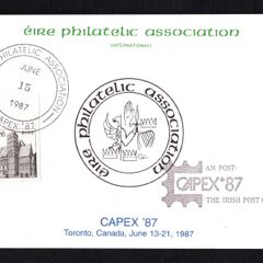1987 Ireland apex 1987 EPA (Eire Philatelic Association) souvenir card with 26p definitive stamp with EPA cancel and AN Post Cancel