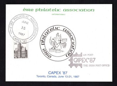 1987 Ireland apex 1987 EPA (Eire Philatelic Association) souvenir card with 26p definitive stamp with EPA cancel and AN Post Cancel
