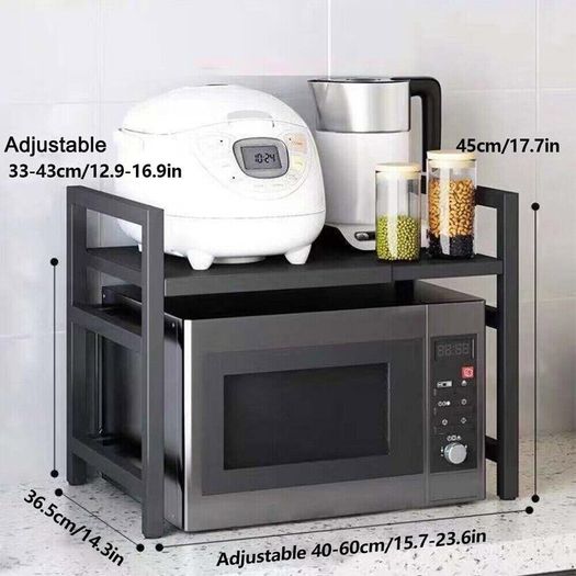 Expandable Microwave Rack Shelf, 2 Tier Oven Rack Stand Holder Kitchen Corner Shelf Desktop Printer Shelf Rack, Bakers Rack, Air Fryer shelf Stand,Storage Solution Organiser (Black)
