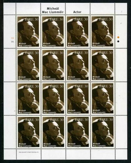 1999 Ireland Irish Actors and Actresses (Michael Mac Liamnoir, Siobhan McKenna & Noel Purcell) Commemorative Stamps Sheetlet Plate 1A1A Mint Never Hinged (MNH)