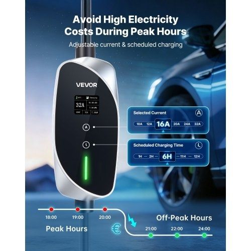 Mobile Wallbox, 7.4 kW 32A, Type 2 Portable EV Charger, Single Phase Electric Vehicle Car Charger with 6 m Charging Cable, CEE Plug, LCD Screen, Adjustable EV Charging Station, IP66 Control Box